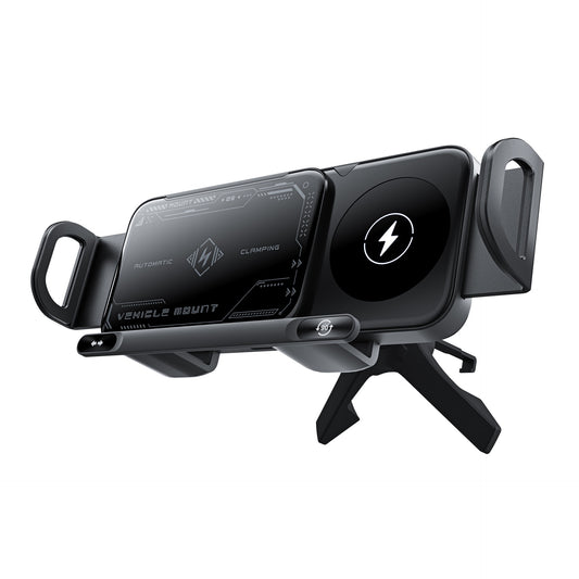 Black Auto rotating wireless car charger mount rotating 90 degrees in a car vent