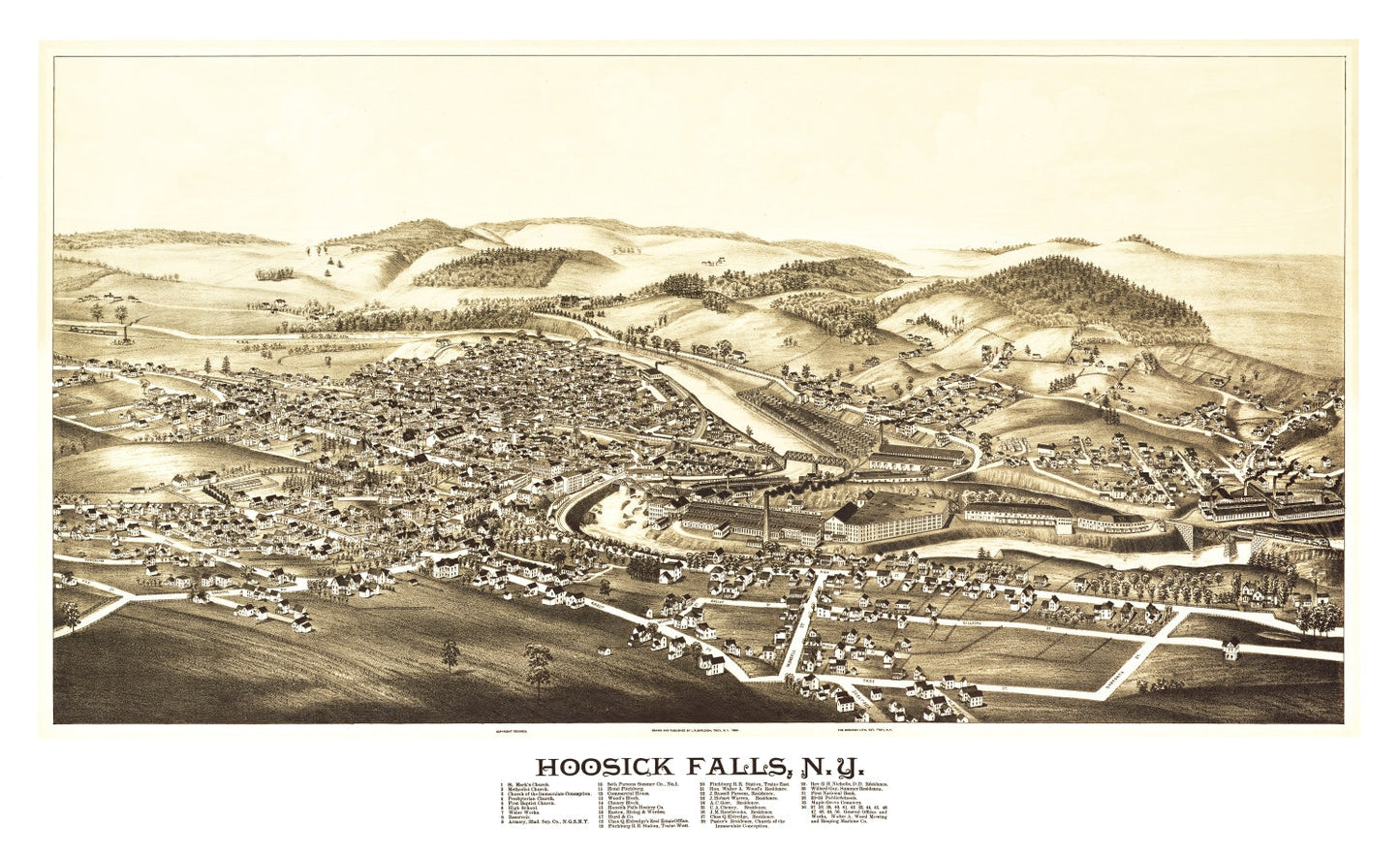 Vintage Map of Hoosick Falls, Rensselaer County, New York, 1889