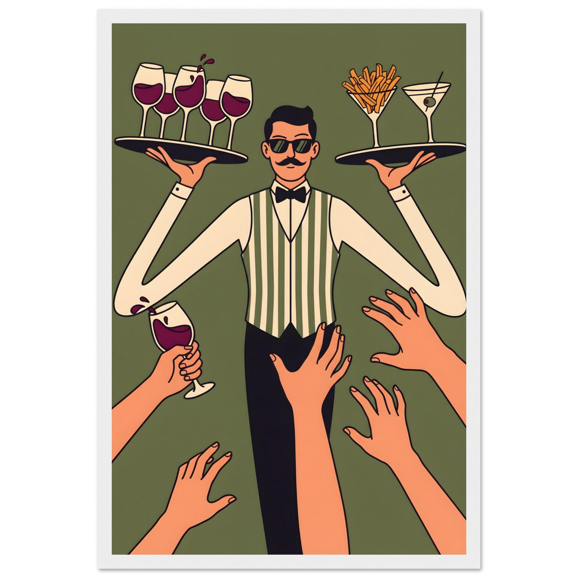 Retro Waiter Bar Art, Framed Server Wall Decor - 20x25 cm / 8x10″ - White frame / Ready-to-hang - Sparkycare