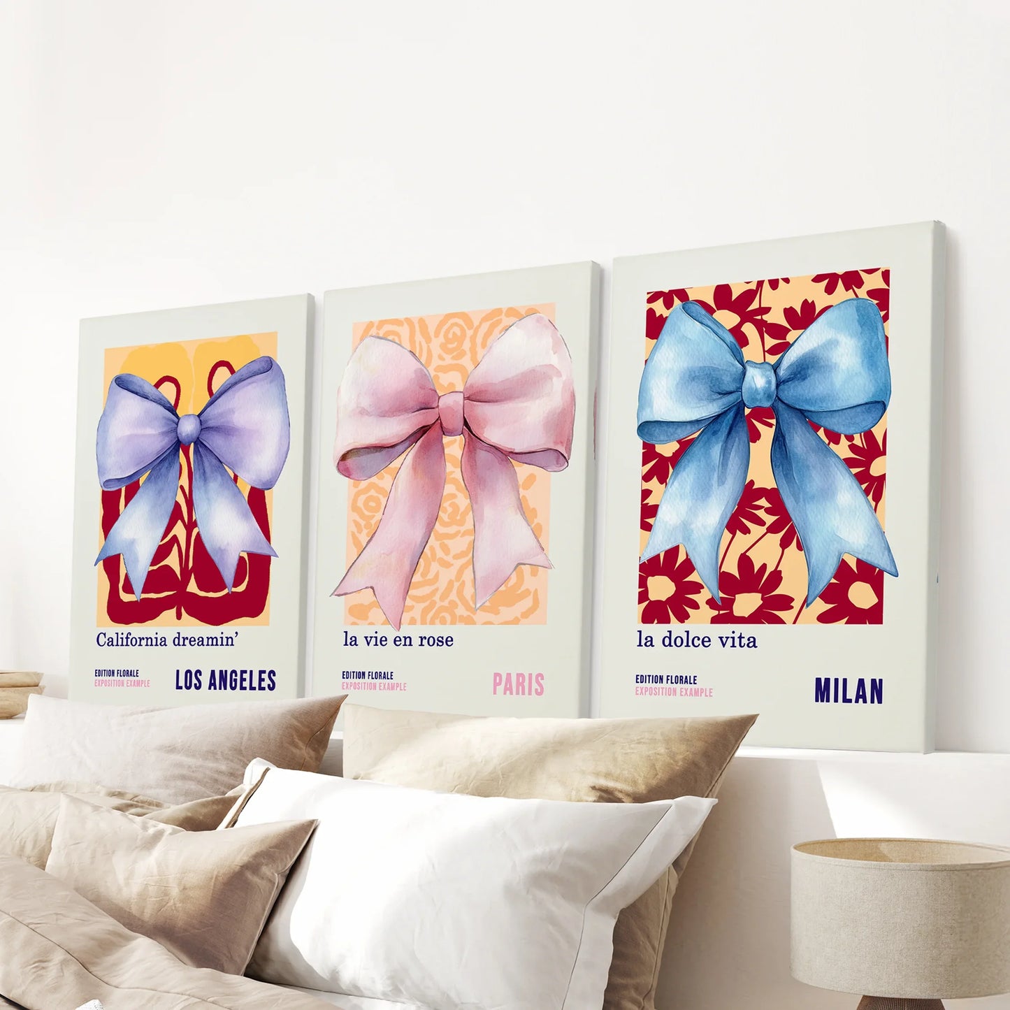 Girly Bow Wall Art Set of 3 Preppy Pastel Prints
