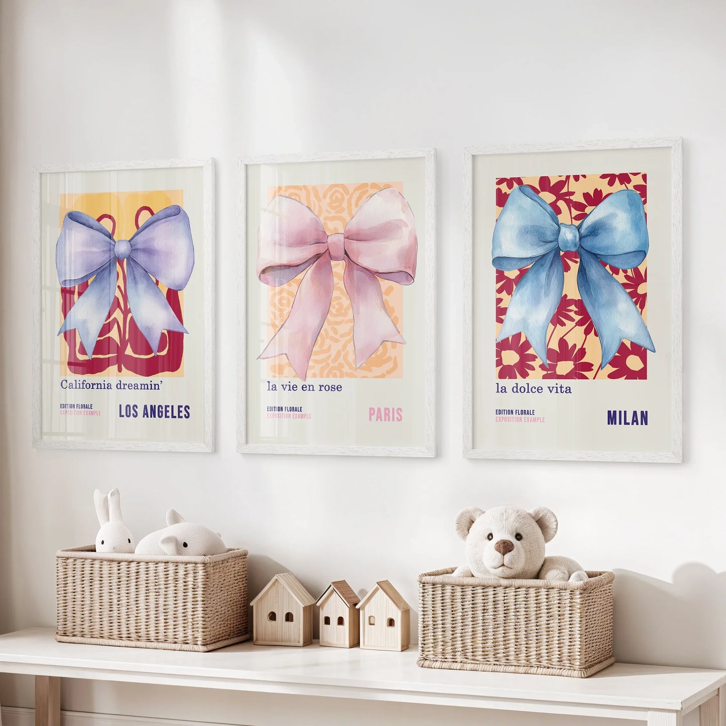 Girly Bow Wall Art Set of 3 Preppy Pastel Prints