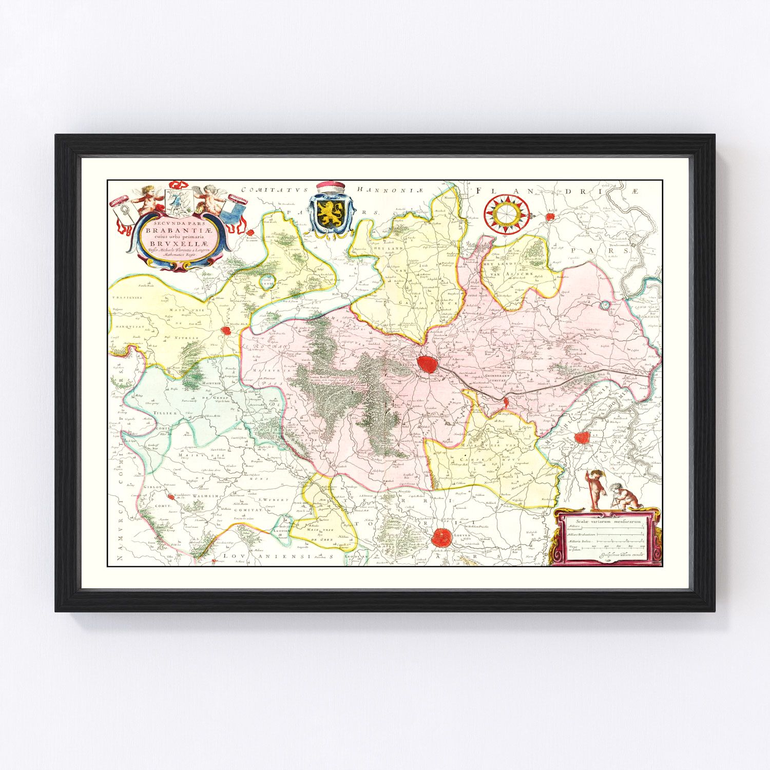 vintage map of Brabant Belgium, 1665, restored print wall art