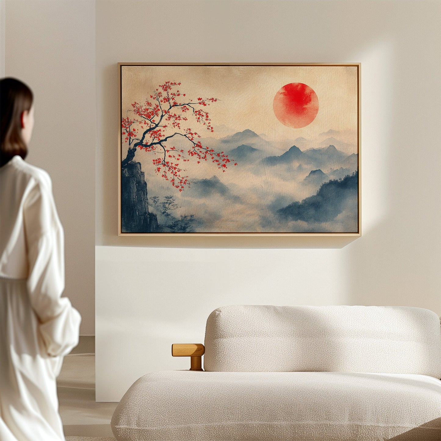 Japanese Red Sun and Misty Mountain Wall Art Print