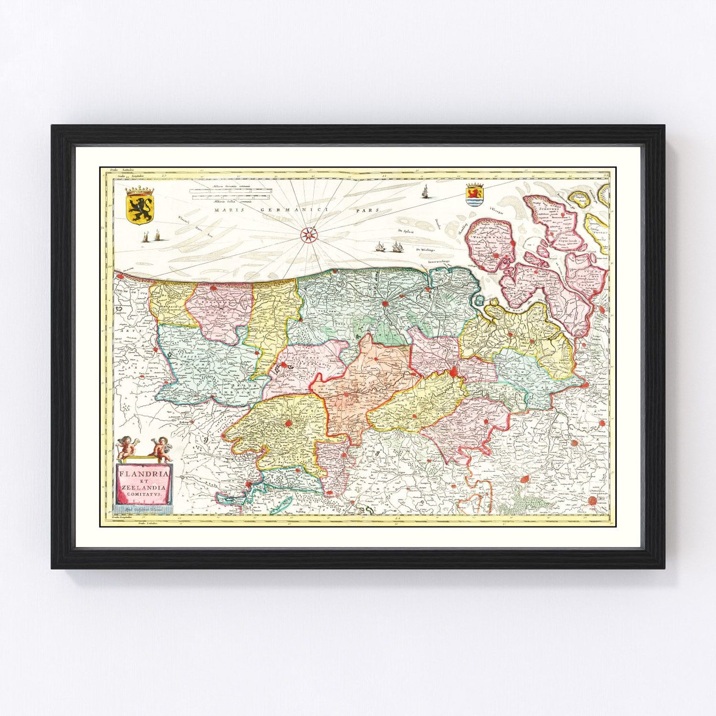 Vintage restored map of Flanders and Zeeland, Belgium, 1665, Baroque-era North Sea coast