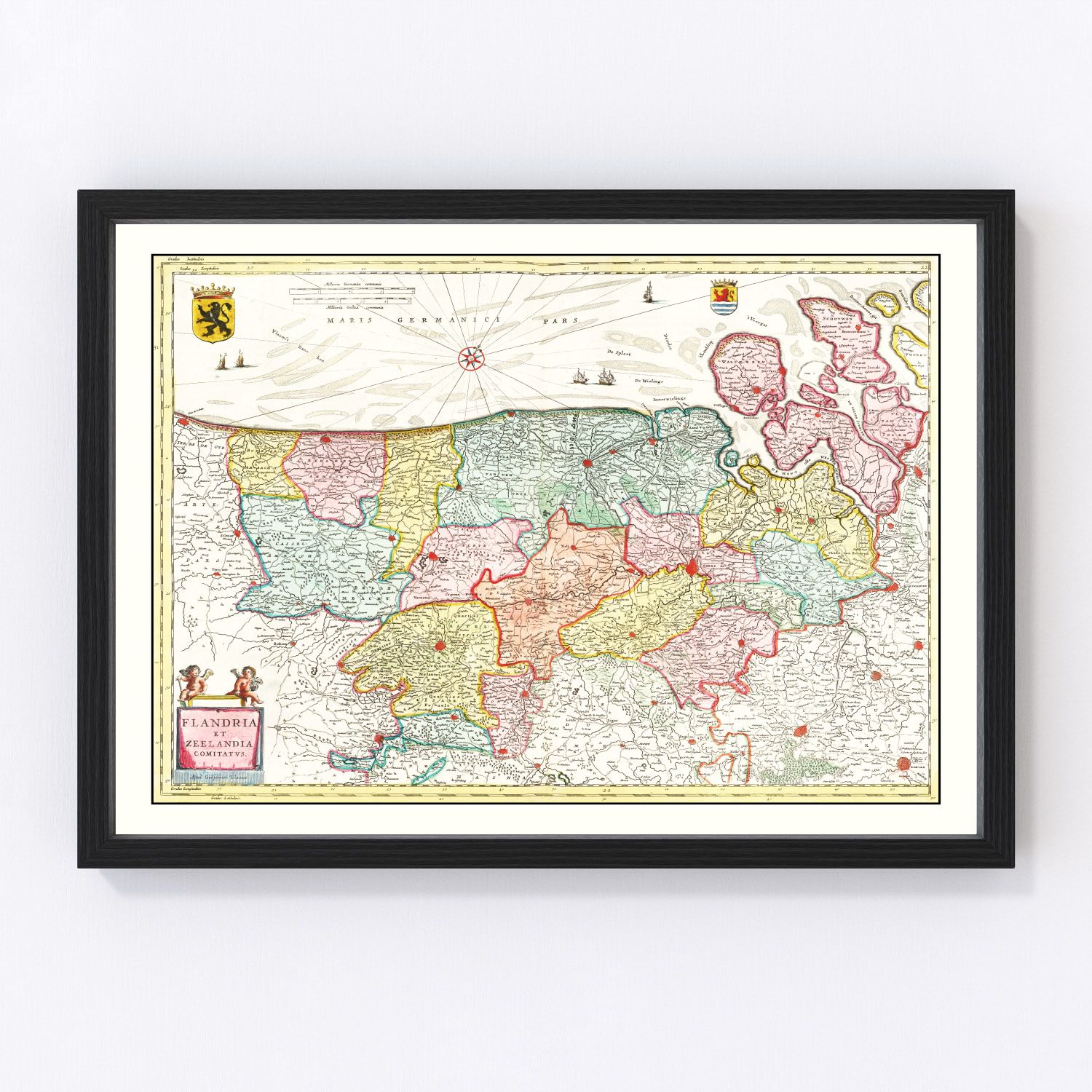 Vintage restored map of Flanders and Zeeland, Belgium, 1665, Baroque-era North Sea coast