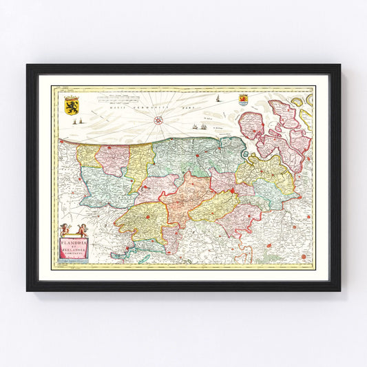 Vintage restored map of Flanders and Zeeland, Belgium, 1665, Baroque-era North Sea coast