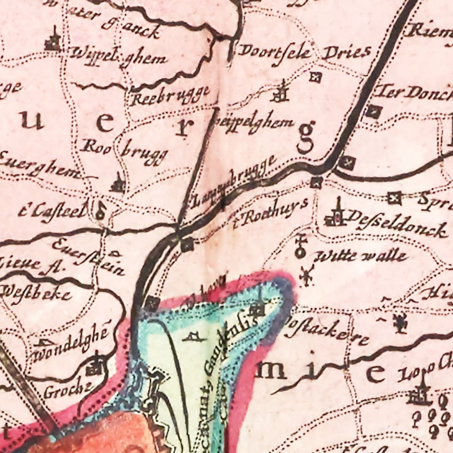 Vintage Map of the Ghent Area, Belgium, 1665