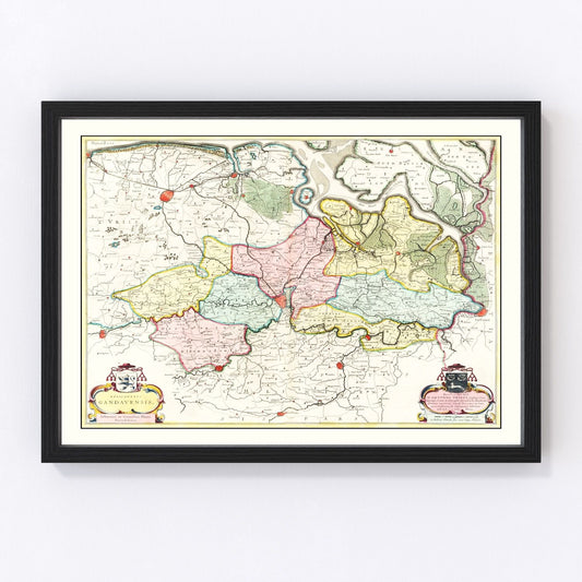 vintage map of the Ghent area, Belgium, 1665