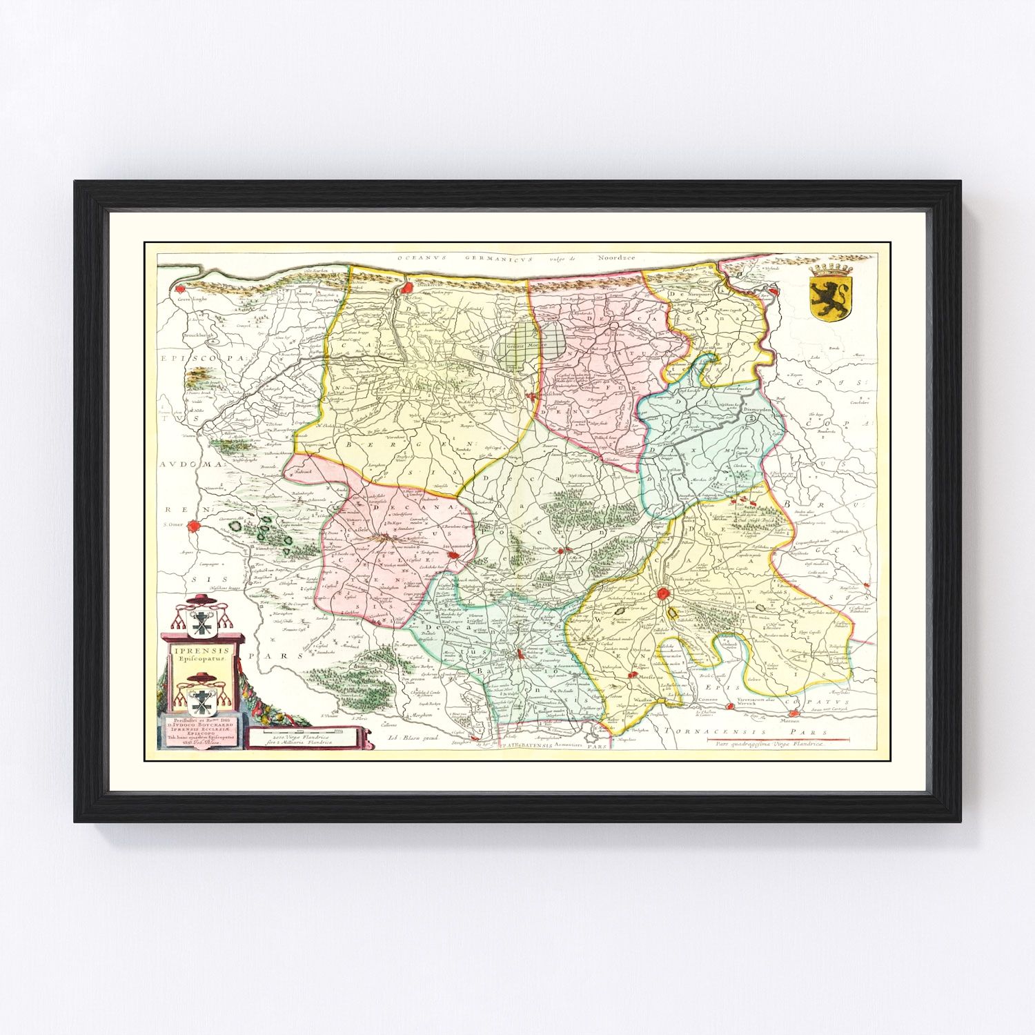 Vintage 1665 baroque map of Ypres Belgium showing walled city and fortifications, restored print