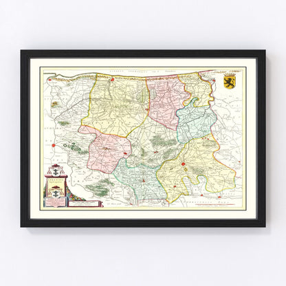 Vintage 1665 baroque map of Ypres Belgium showing walled city and fortifications, restored print
