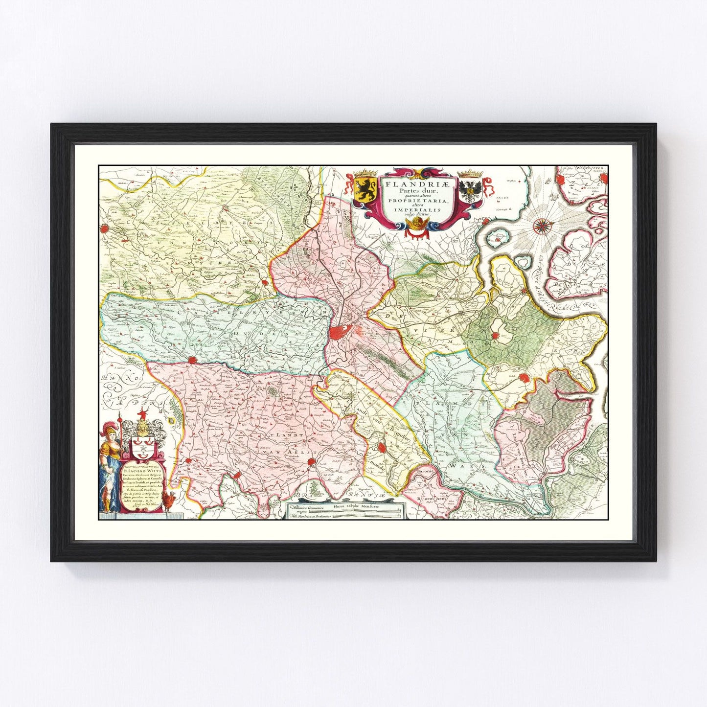 Vintage restored map of Flanders, Belgium, 1665, Baroque-era Spanish Netherlands