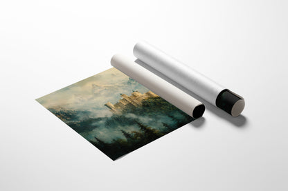 Misty Mountain Castle Fantasy Landscape Wall Art Print