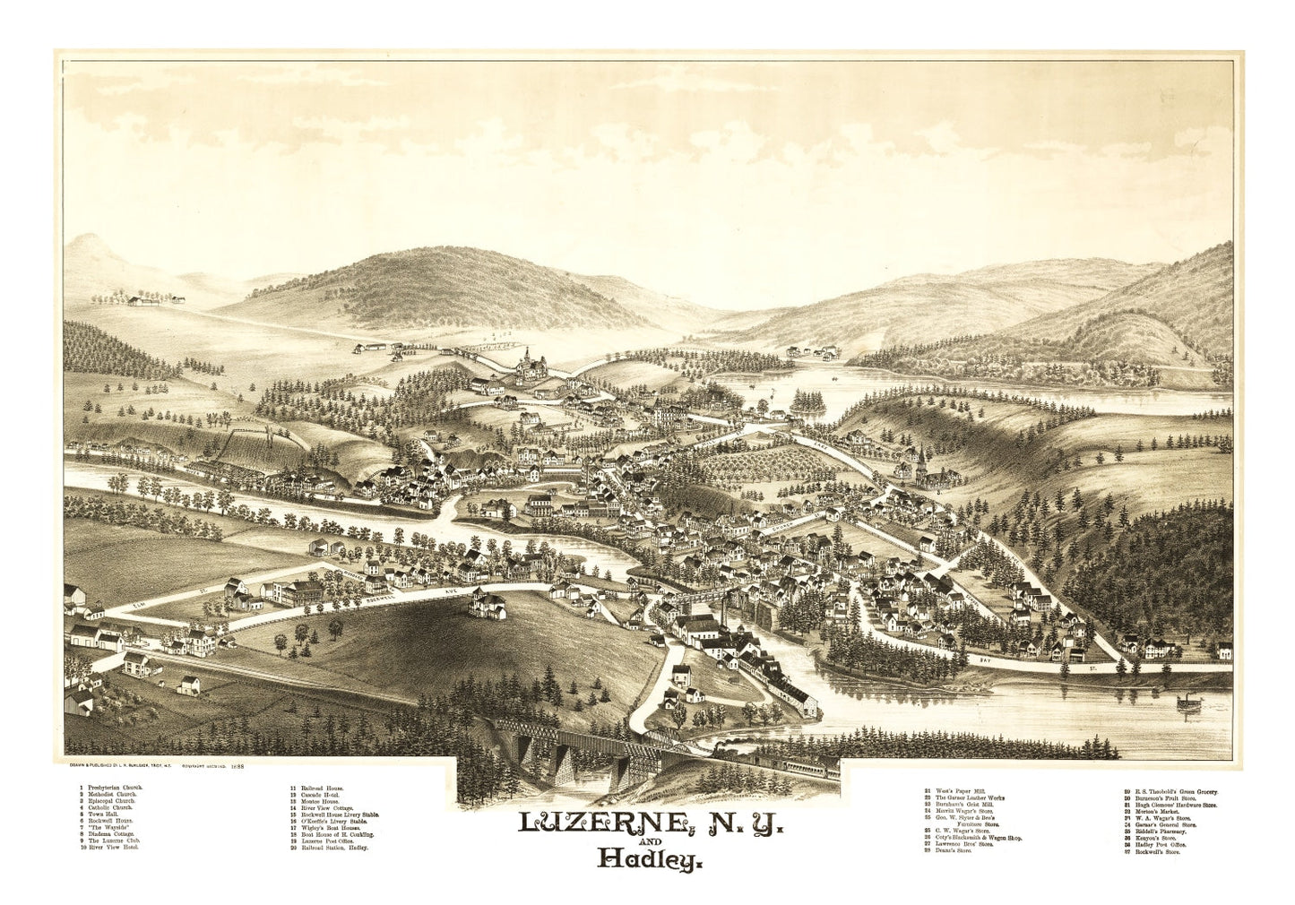 Vintage Map of Luzerne and Hadley, New York, 1888