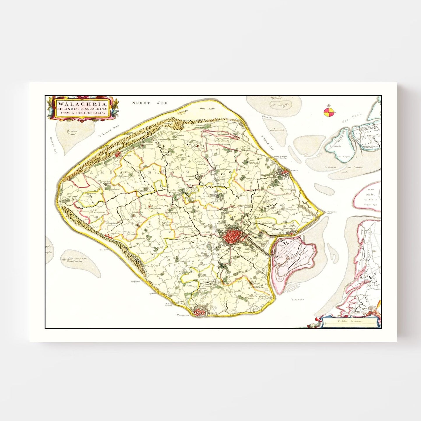 Vintage Map of Walcheren, Holland, 1665