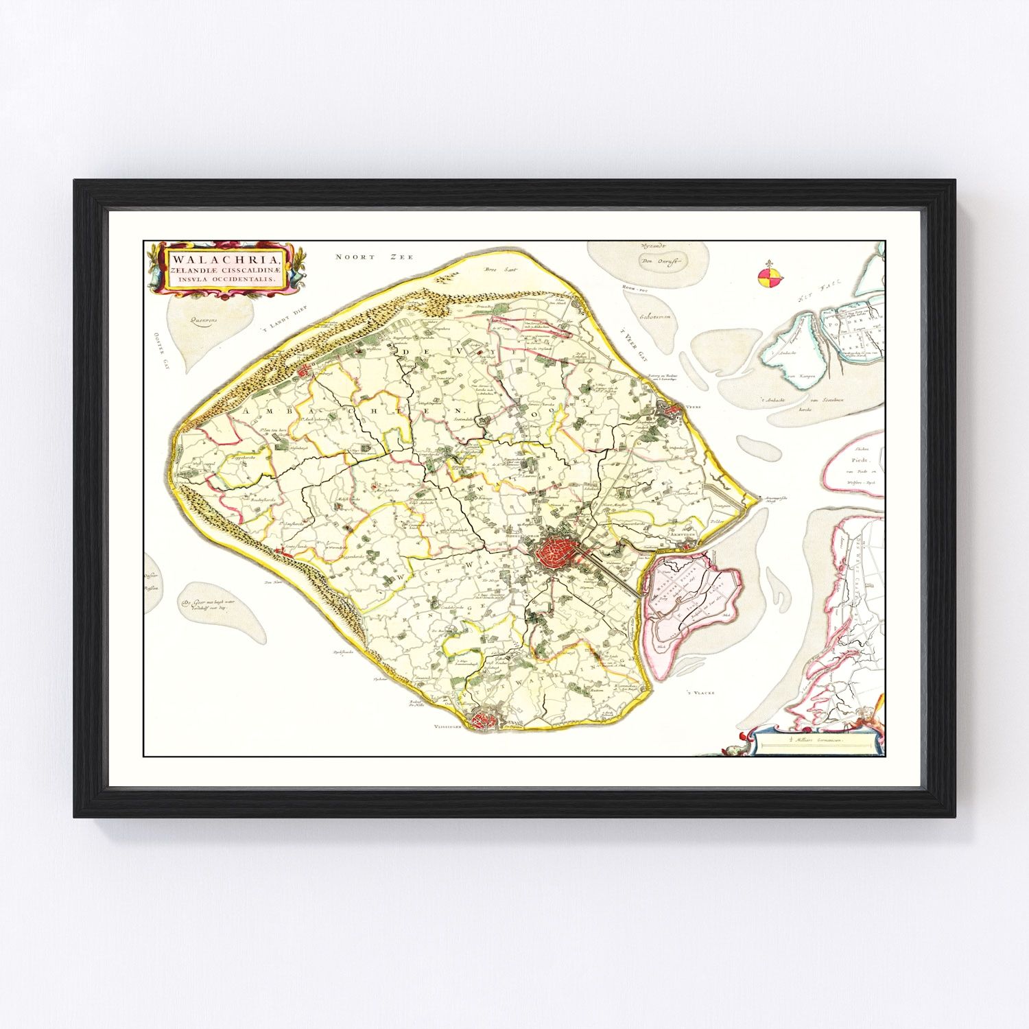 Vintage map of Walcheren, Holland, 1665, Golden Age Dutch cartography