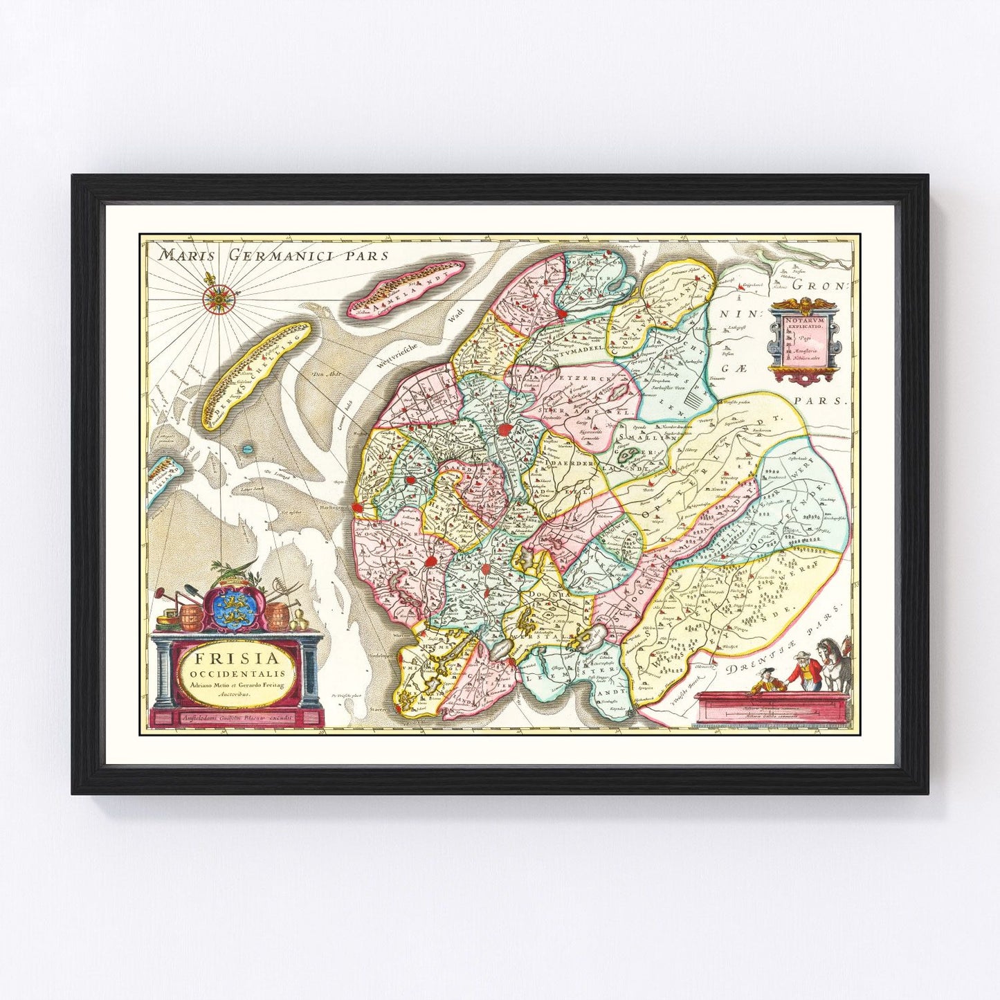 Vintage map of West Friesland, Holland, 1665, North Sea coastal Dutch polders