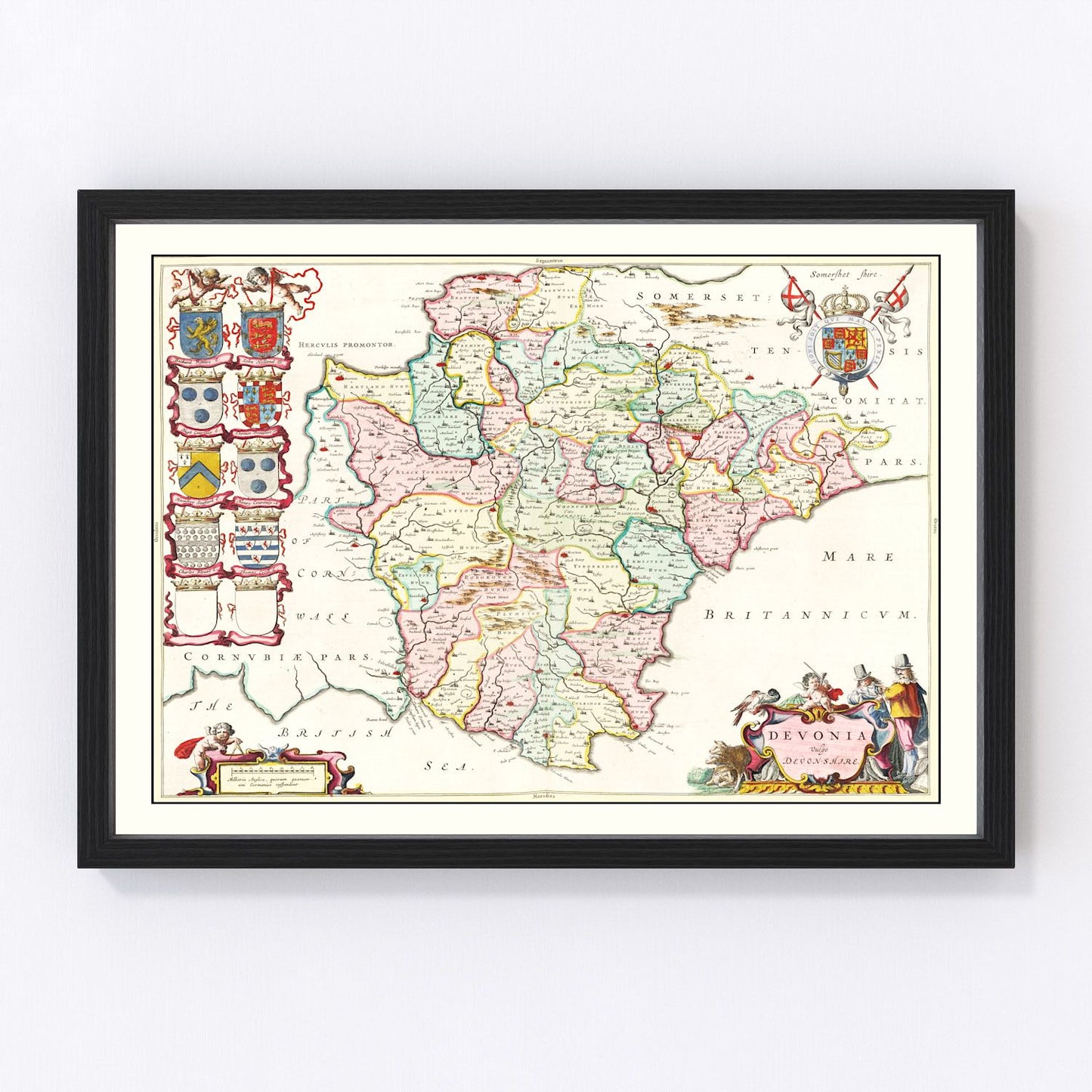 Vintage restored map of Devon, England, 1665, Restoration-era coastal county cartography