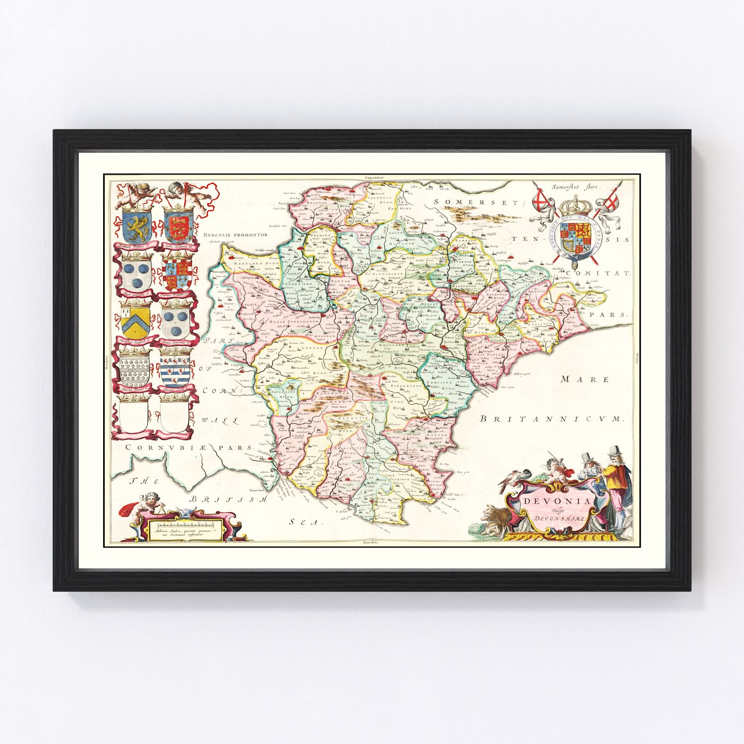 Vintage restored map of Devon, England, 1665, Restoration-era coastal county cartography