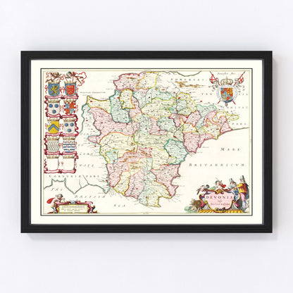 Vintage restored map of Devon, England, 1665, Restoration-era coastal county cartography