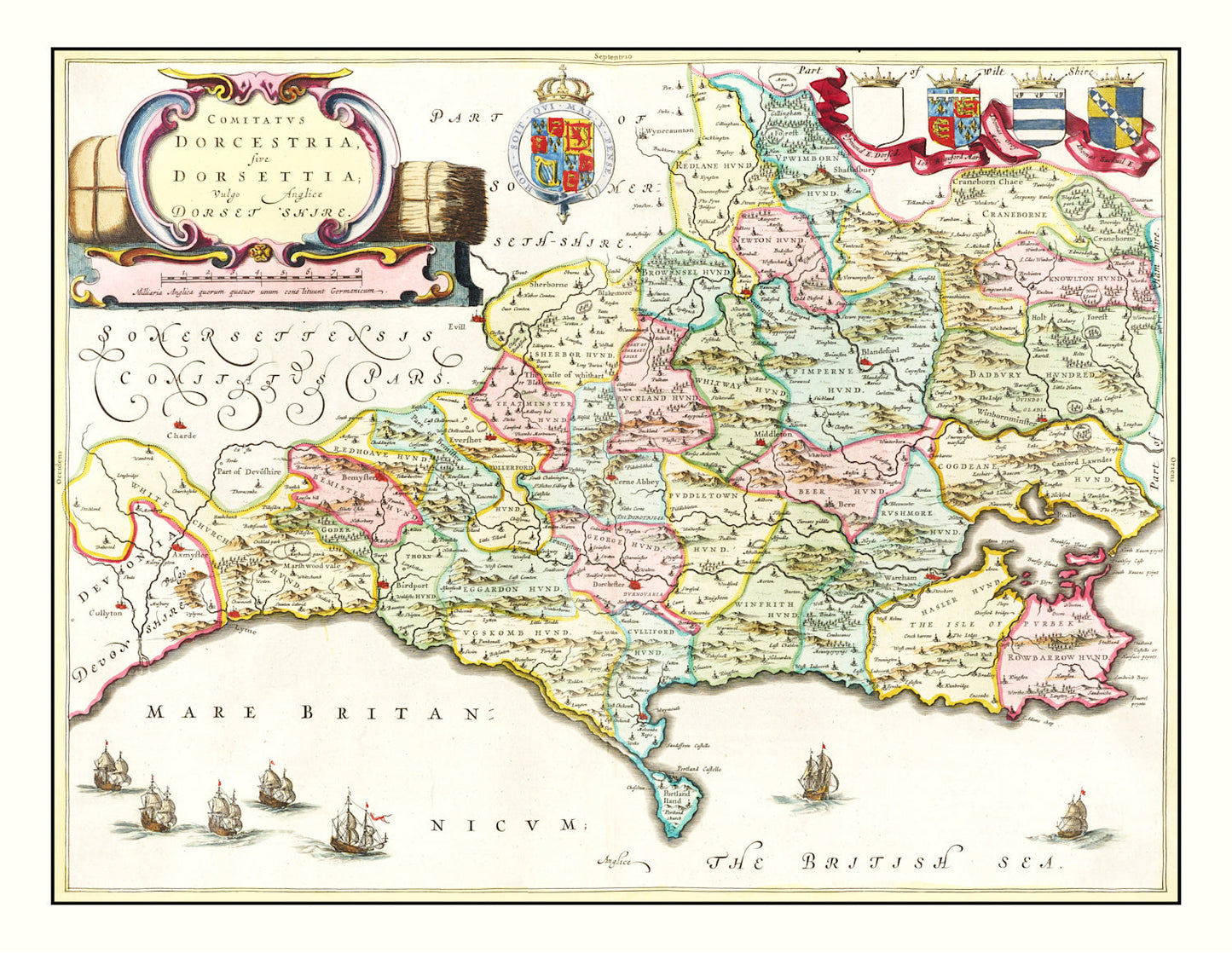 Vintage Map of Dorsetshire, England, 1665