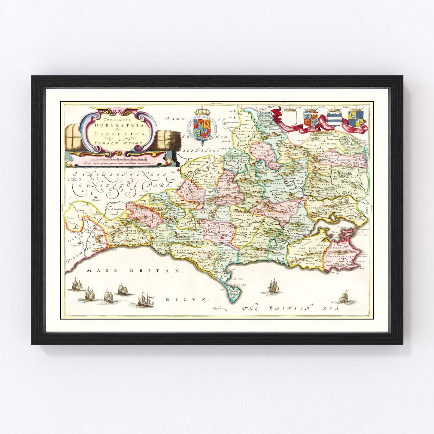 vintage map of dorsetshire, england, 1665