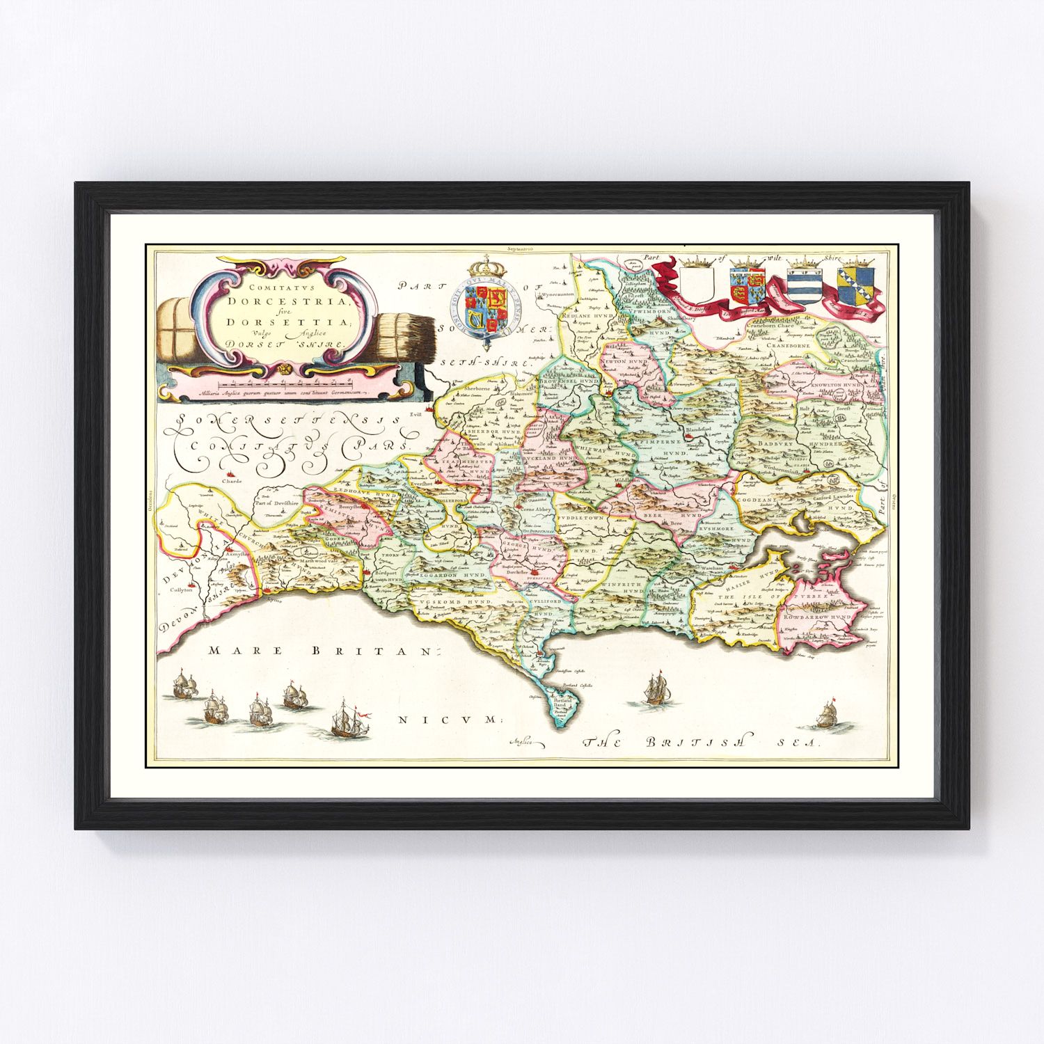 vintage map of dorsetshire, england, 1665