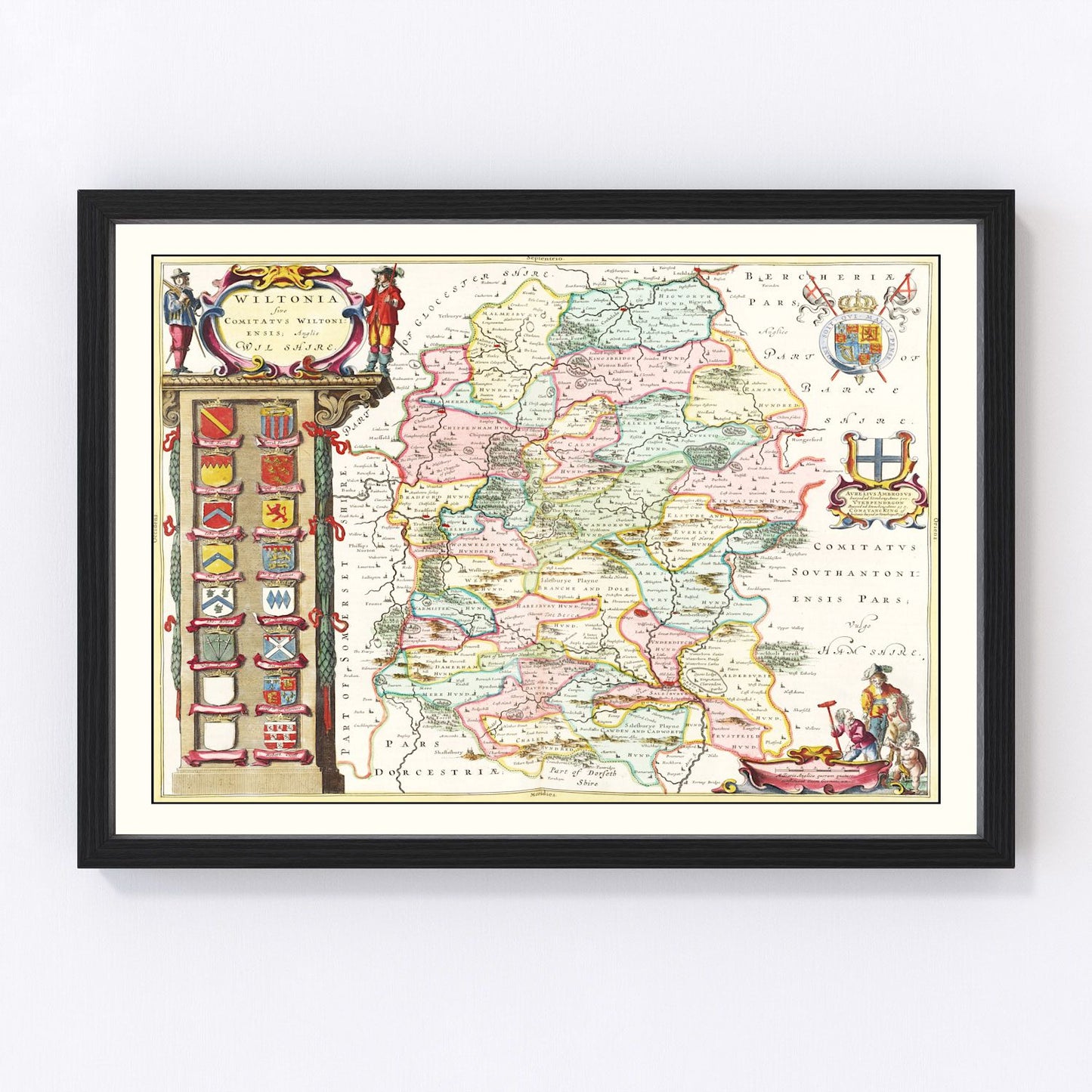 Vintage map of Wiltshire, England, 1665, Restoration era antique