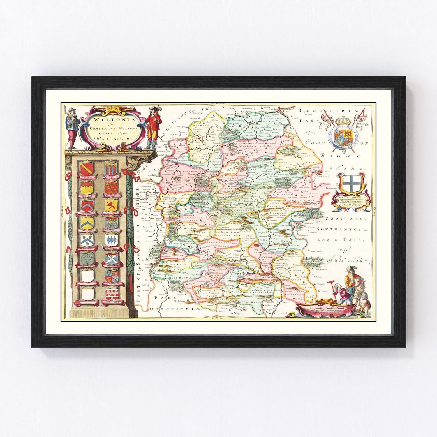 Vintage map of Wiltshire, England, 1665, Restoration era antique