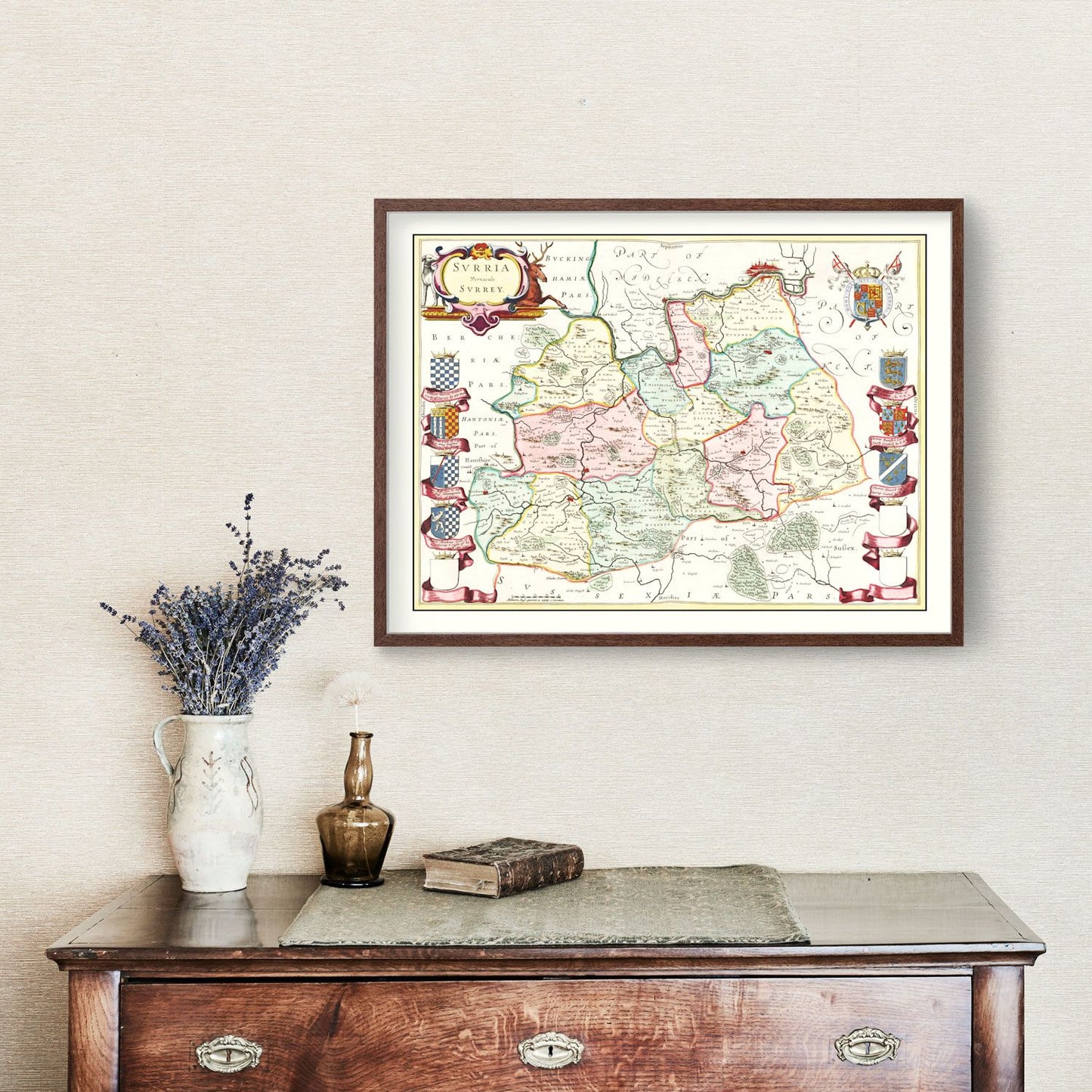 Vintage Map of Surrey, England, 1665