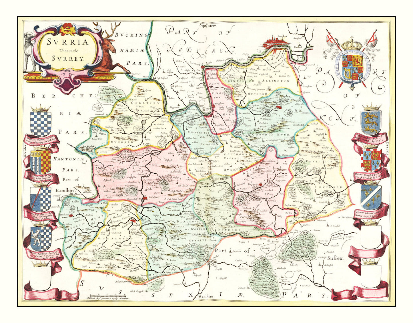 Vintage Map of Surrey, England, 1665