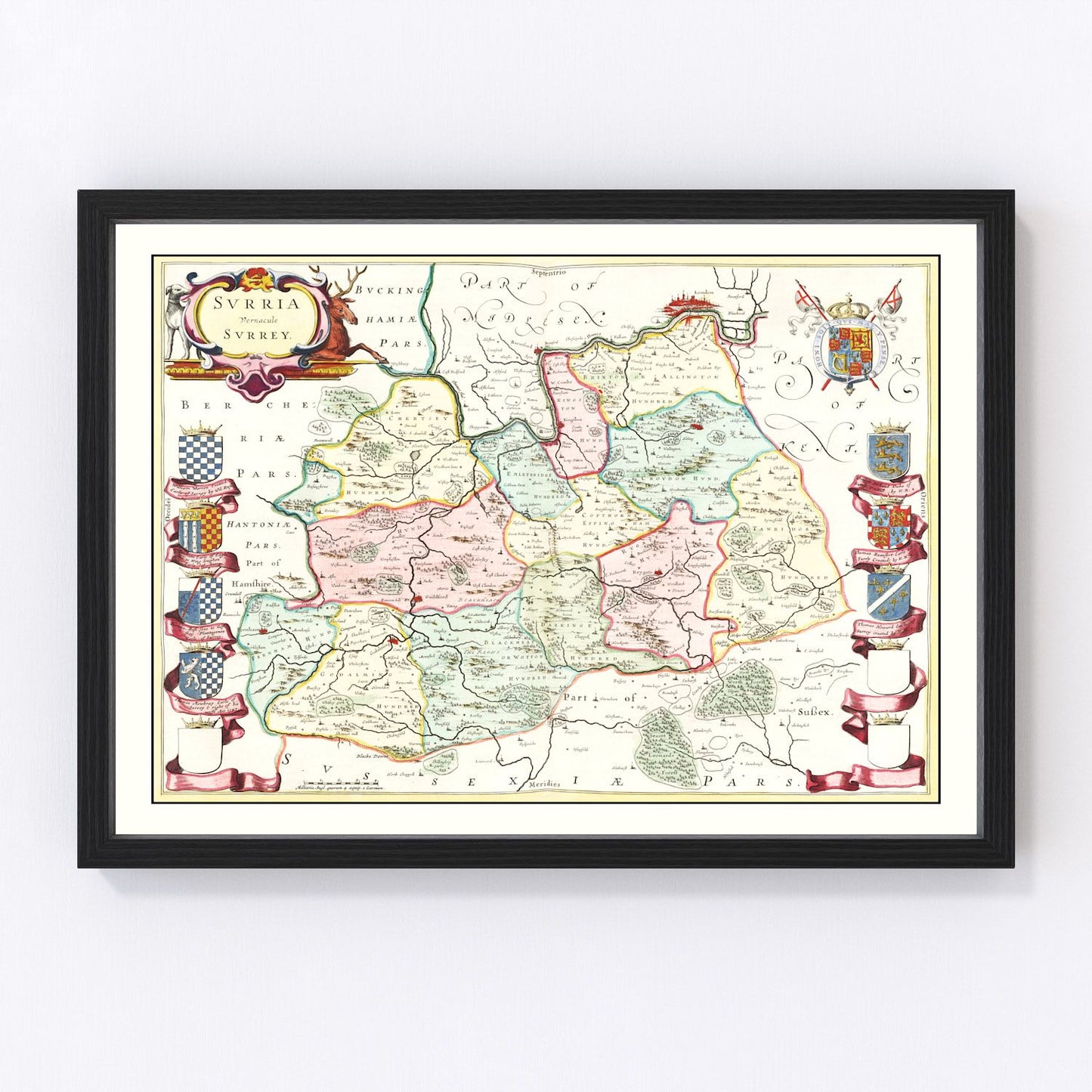 Vintage map of Surrey, England, 1665