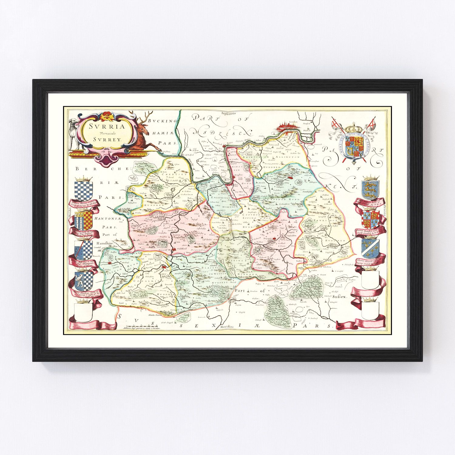 Vintage map of Surrey, England, 1665
