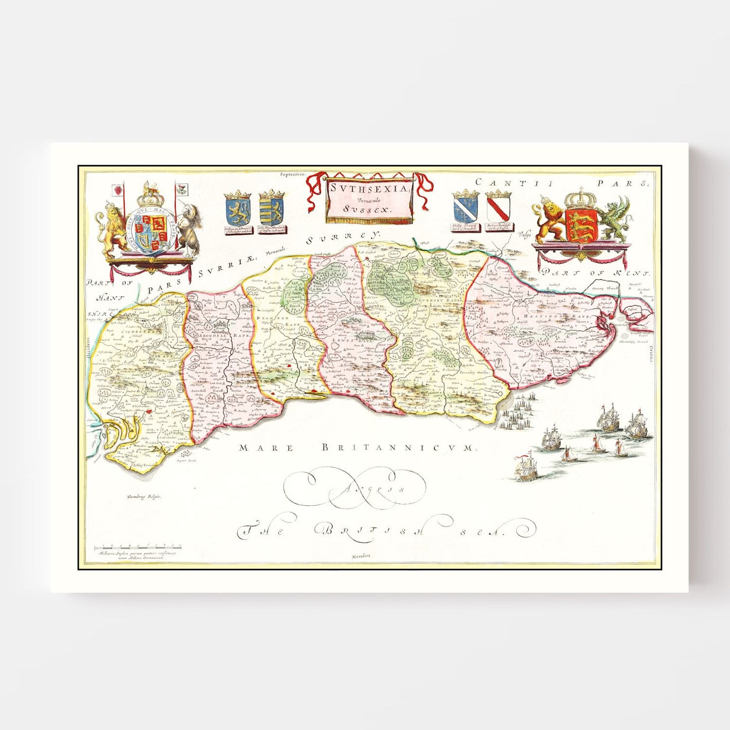 Vintage Map of Sussex, England, 1665
