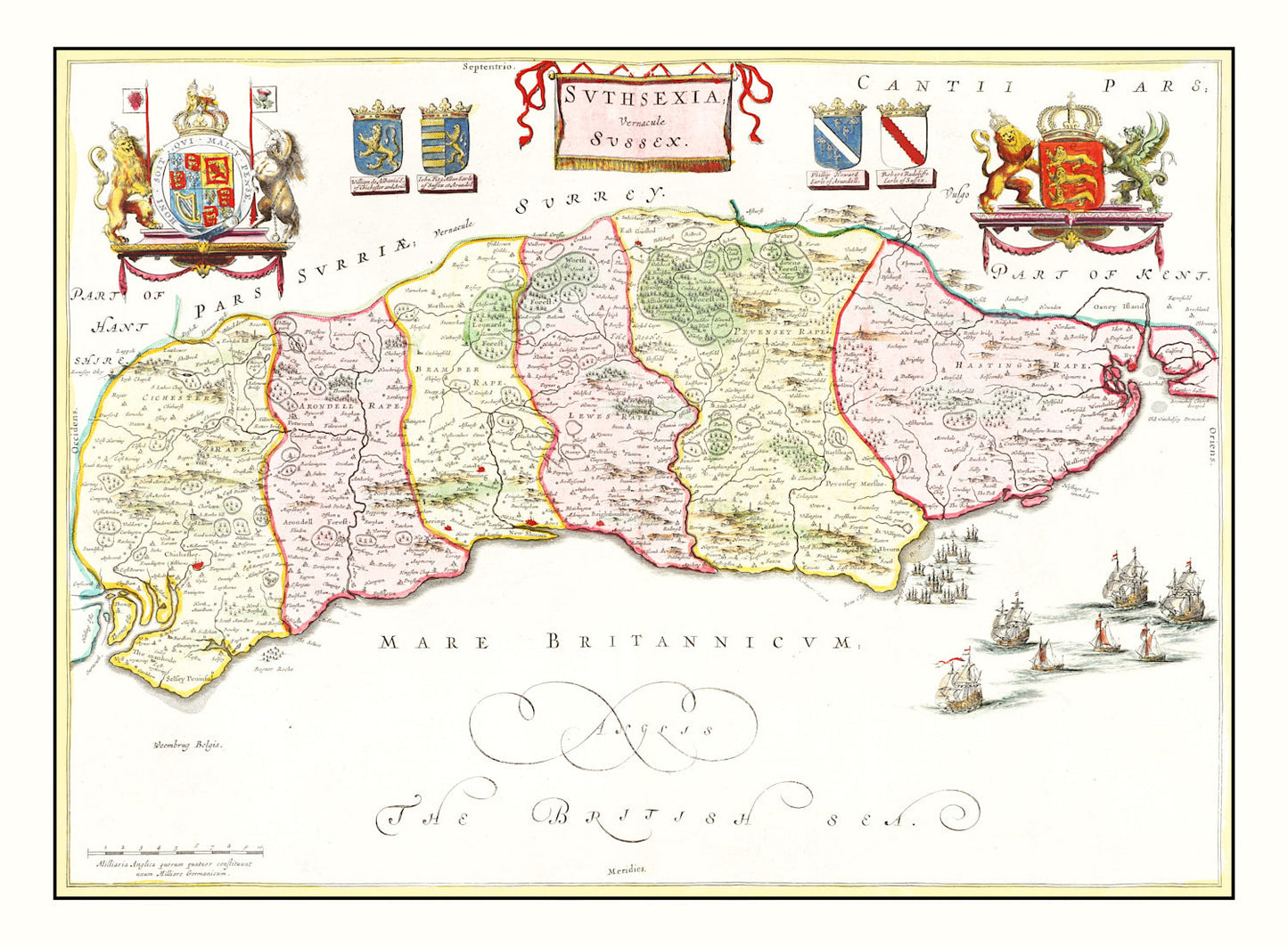 Vintage Map of Sussex, England, 1665