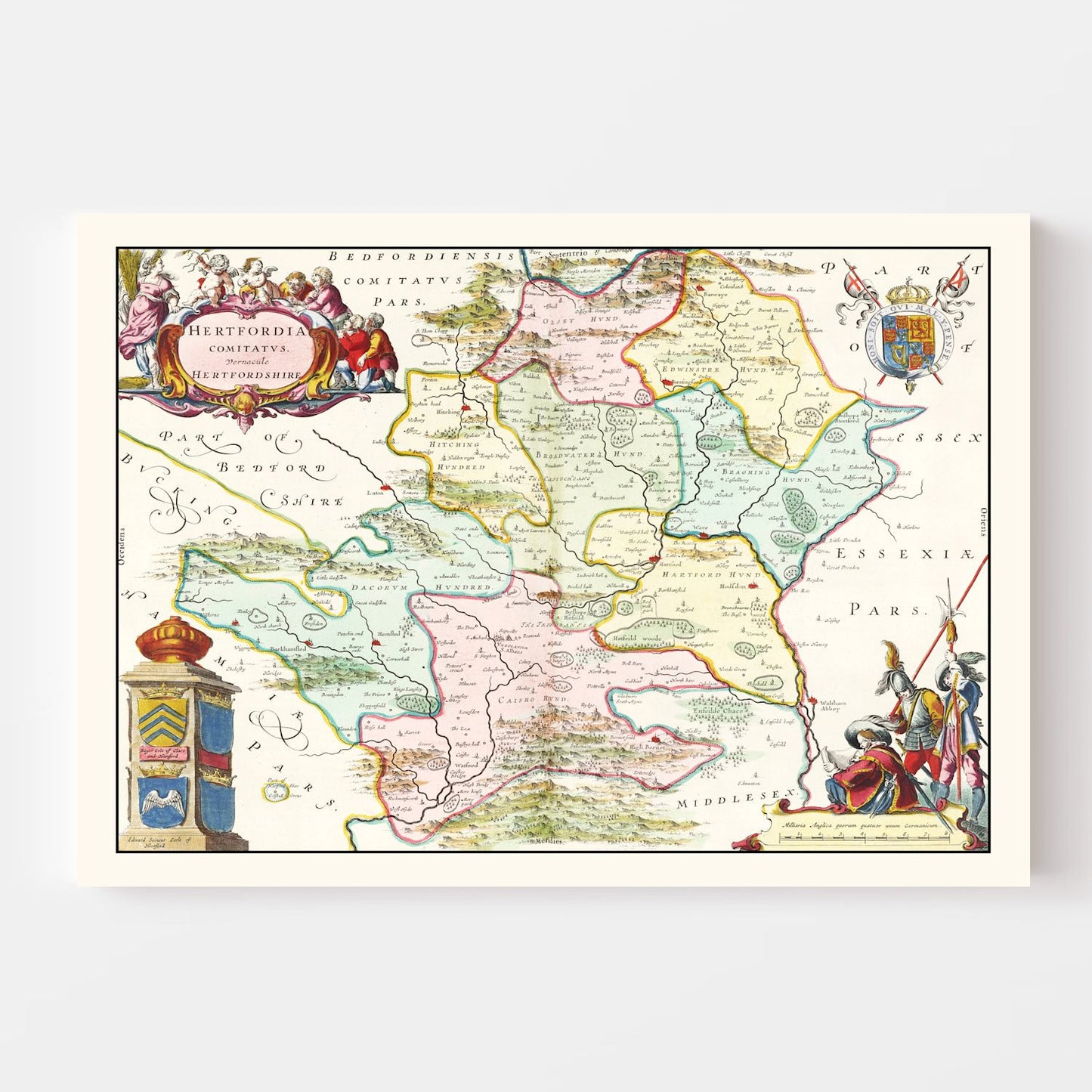 Vintage Map of Hertfordshire, England, 1665