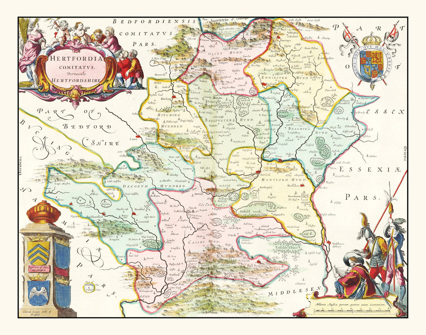 Vintage Map of Hertfordshire, England, 1665