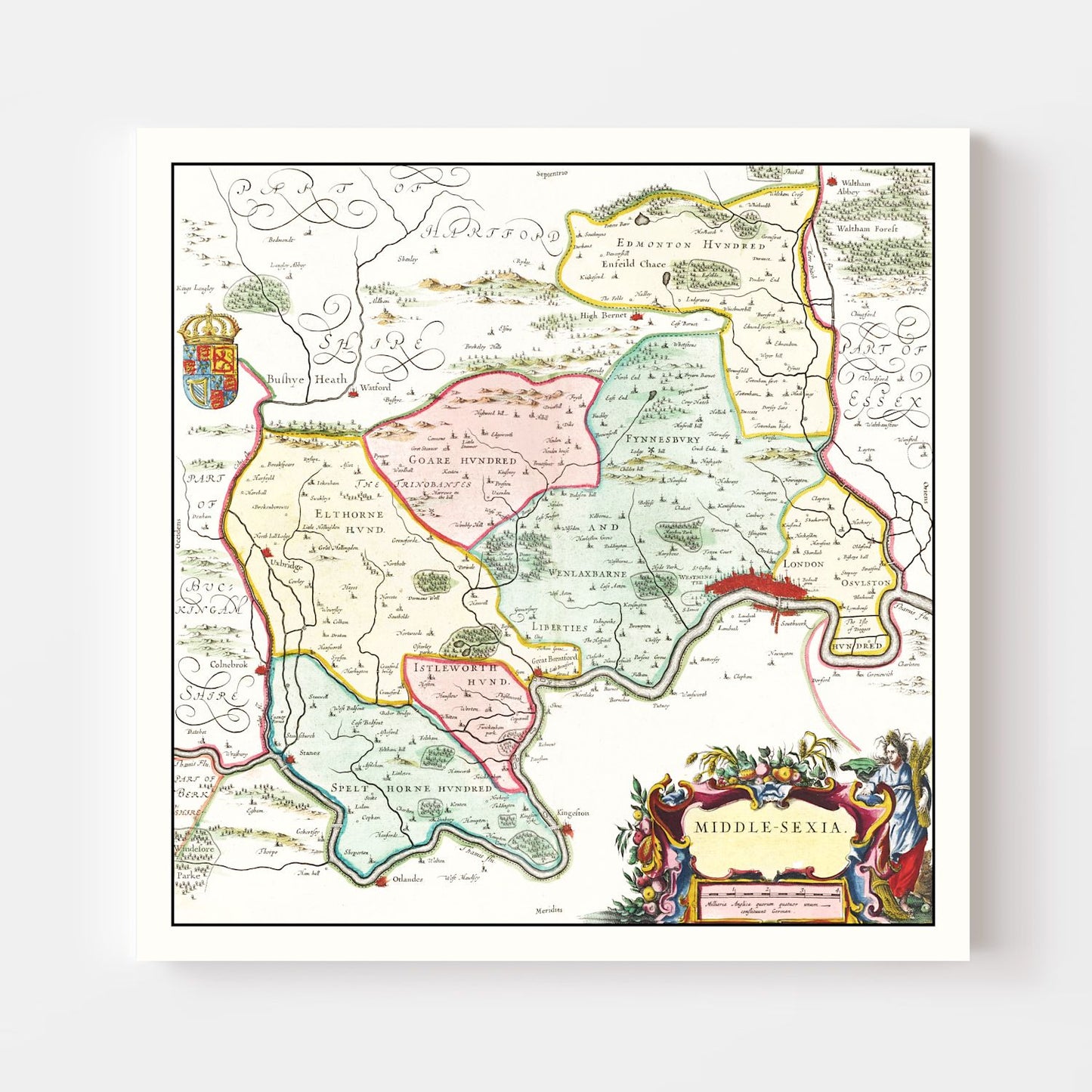 Vintage Map of Middlesex, England, 1665