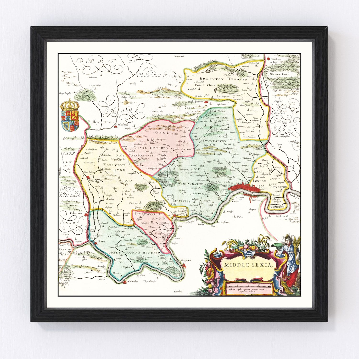 vintage map of Middlesex, England, 1665