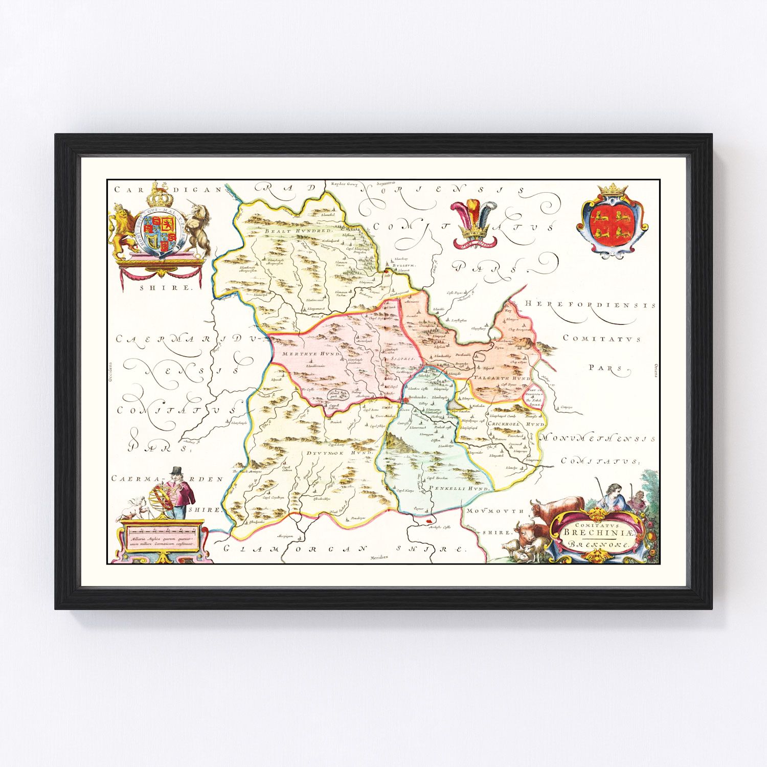 vintage map of Brecknockshire Wales, 1665, restored print wall art