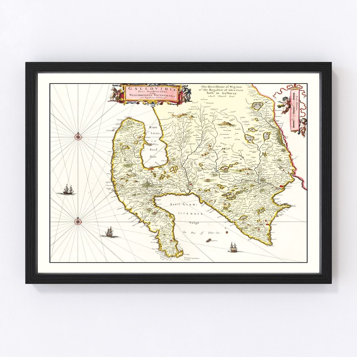 Vintage map of West Galloway, Scotland, 1665, Solway Firth lochs and glens