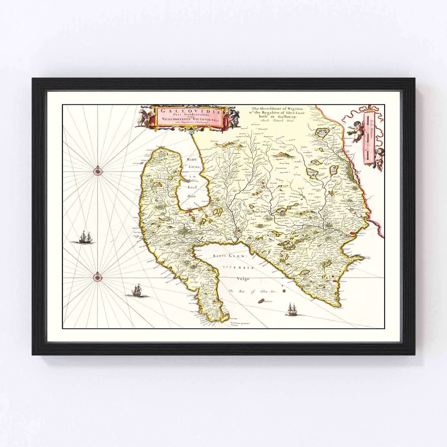 Vintage map of West Galloway, Scotland, 1665, Solway Firth lochs and glens