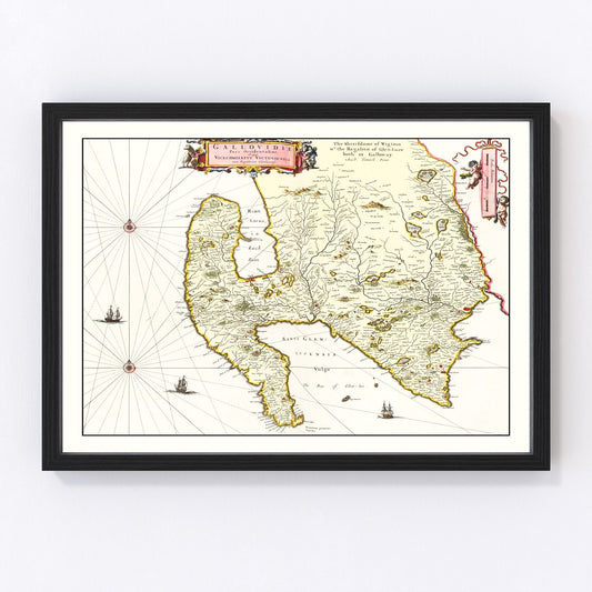 Vintage map of West Galloway, Scotland, 1665, Solway Firth lochs and glens