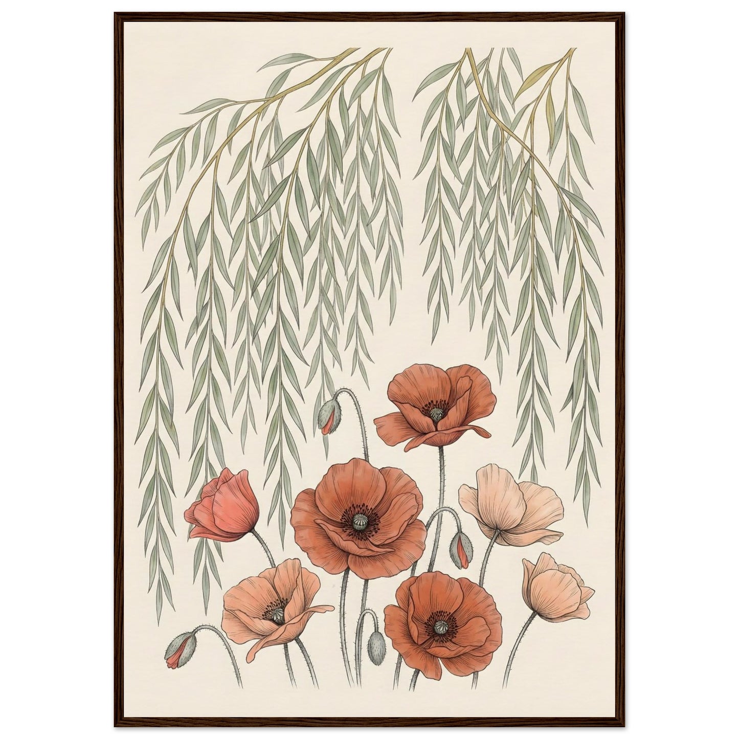 Willow Tree and Poppy Botanical 9th Anniversary Wall Art - A1 (59.4 x 84.1 cm) / Museum-Quality Matte Paper Wooden Framed Poster - Dark wood frame - Sparkycare