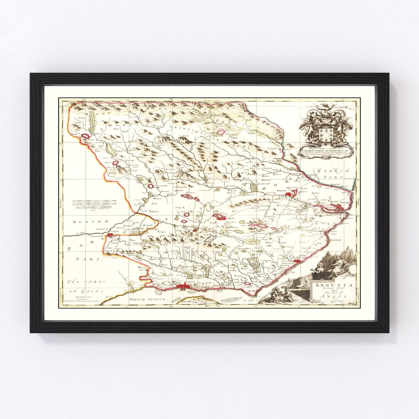Restored vintage map of Angus, Scotland, 1665