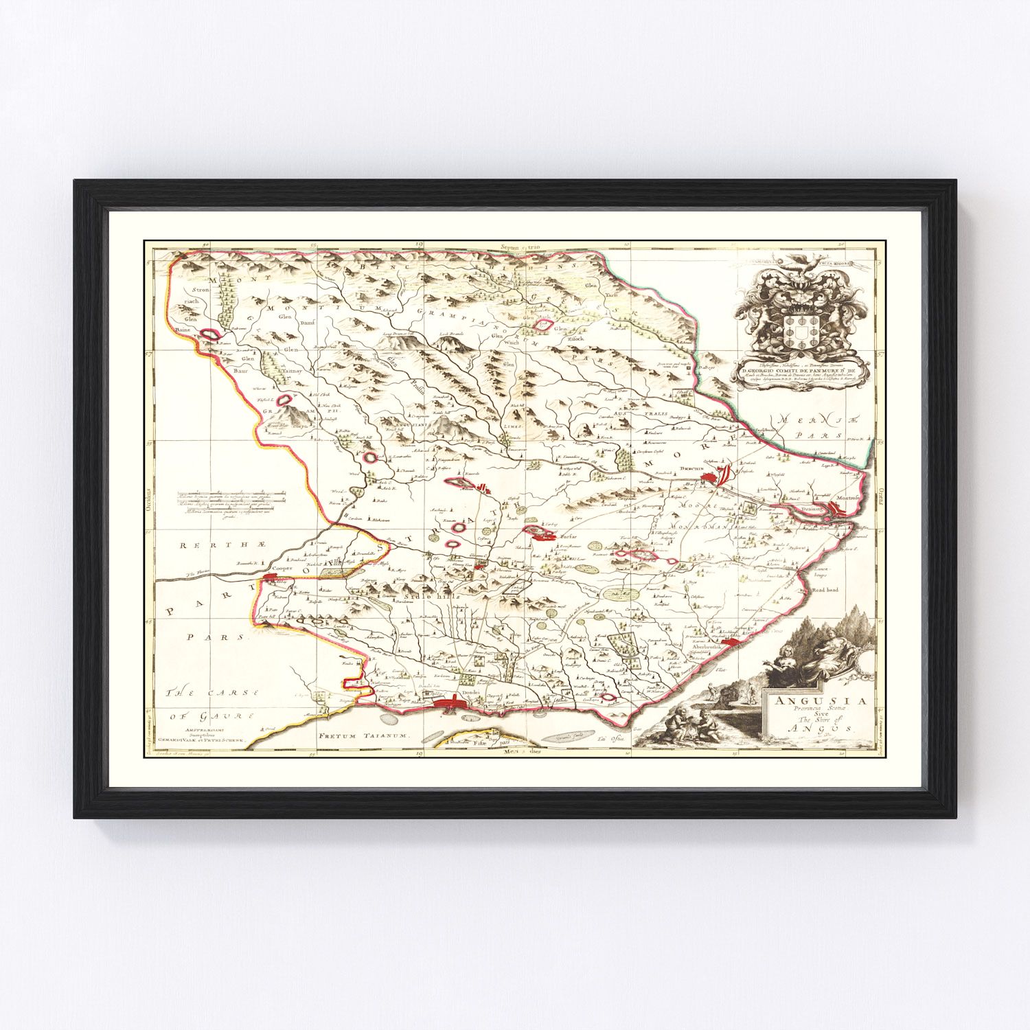 Restored vintage map of Angus, Scotland, 1665