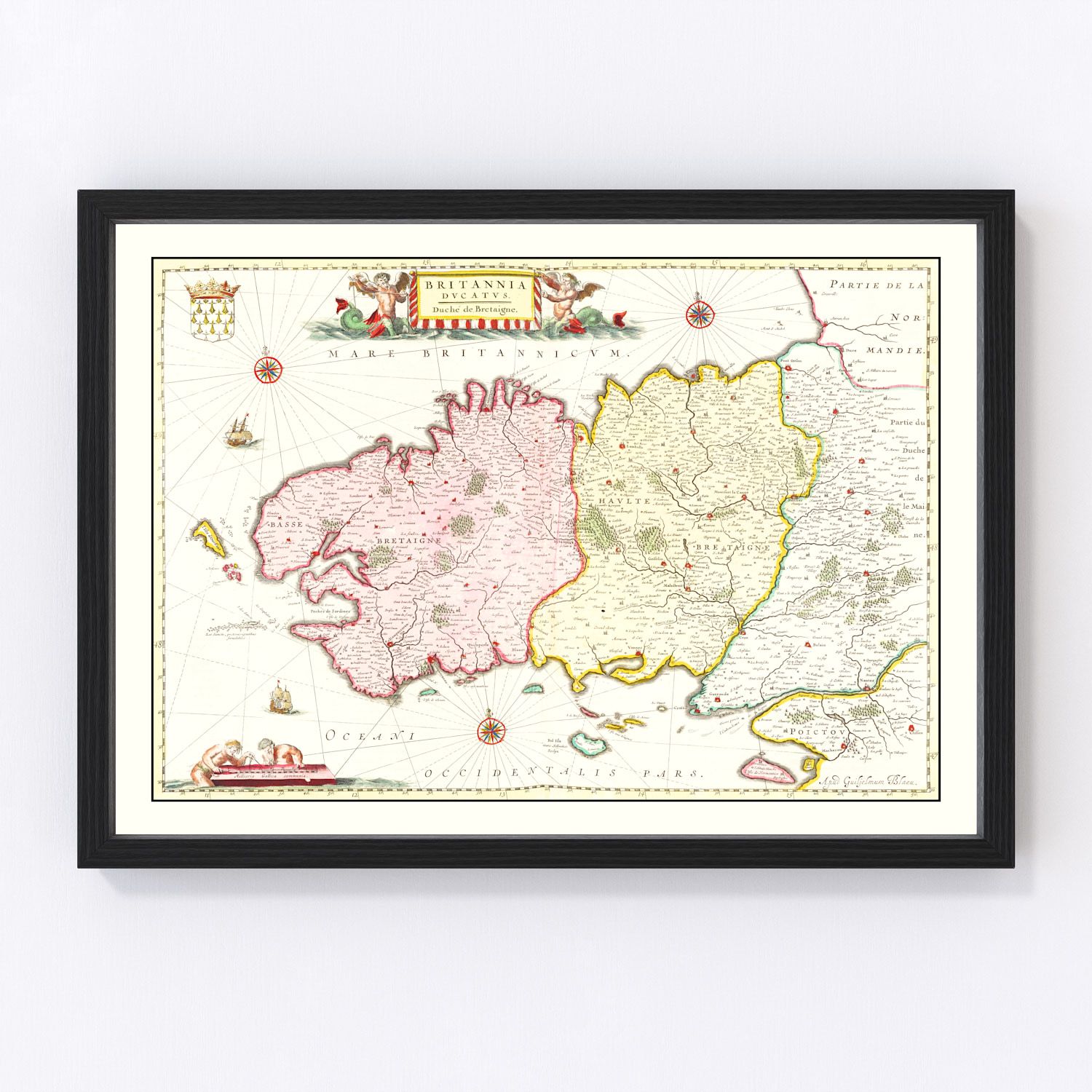 vintage map of Brittany France, 1665, restored print wall art