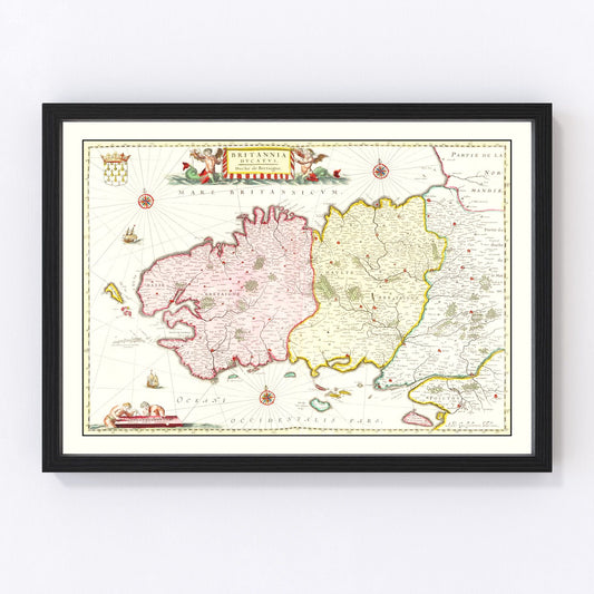 vintage map of Brittany France, 1665, restored print wall art
