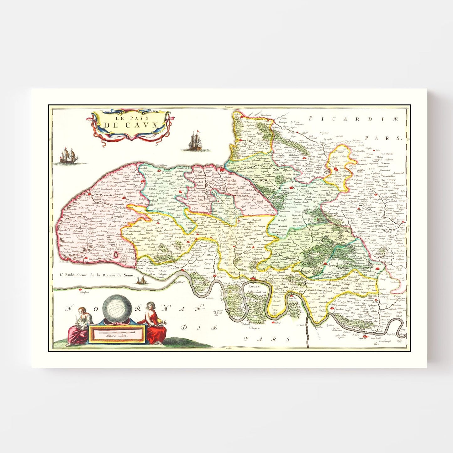 Vintage Map of Pays de Caux, France, 1665