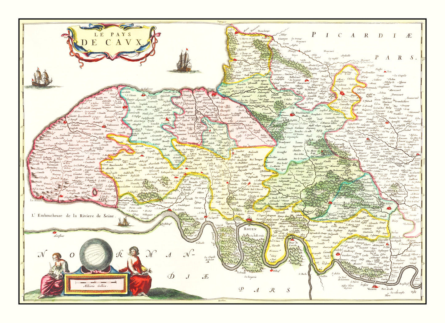 Vintage Map of Pays de Caux, France, 1665