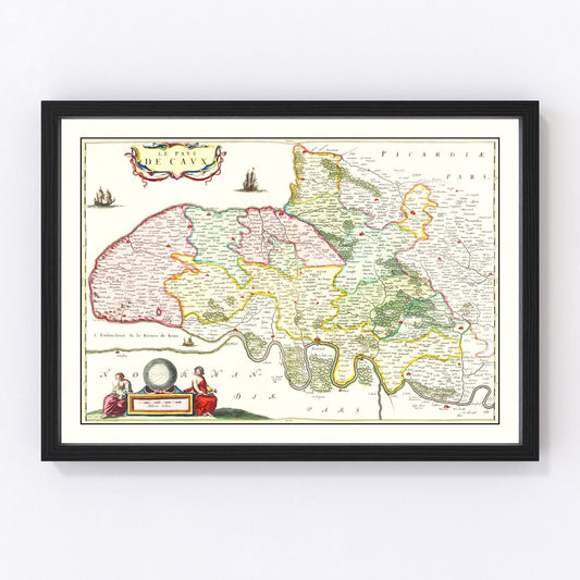 Vintage map of Pays de Caux, France, 1665